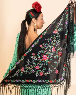 Mantón negro bordado multicolor