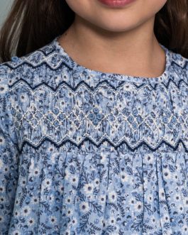 Vestido Niña Fondo Azul Flores Azules y Blancas