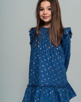 Vestido Niña Pequeño Fondo Azul Metálico Flores Doradas