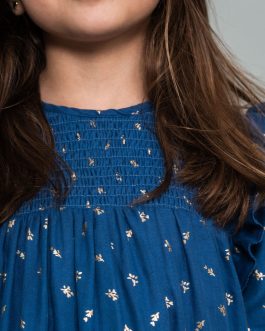 Vestido Niña Pequeño Fondo Azul Metálico Flores Doradas