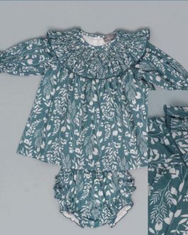 Vestido Punto Inglés Fondo Verde Flores Blancas