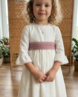 Vestido blanco lino lazo grosella