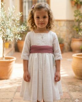 Vestido blanco lino lazo grosella