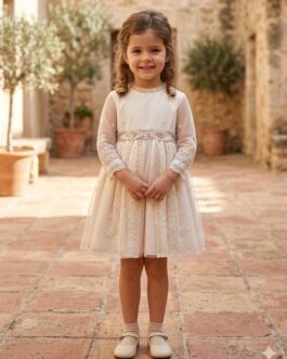 Vestido beige encaje rosa