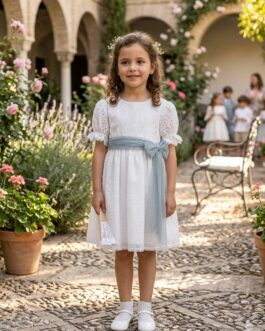 Vestido blanco brocado y verde